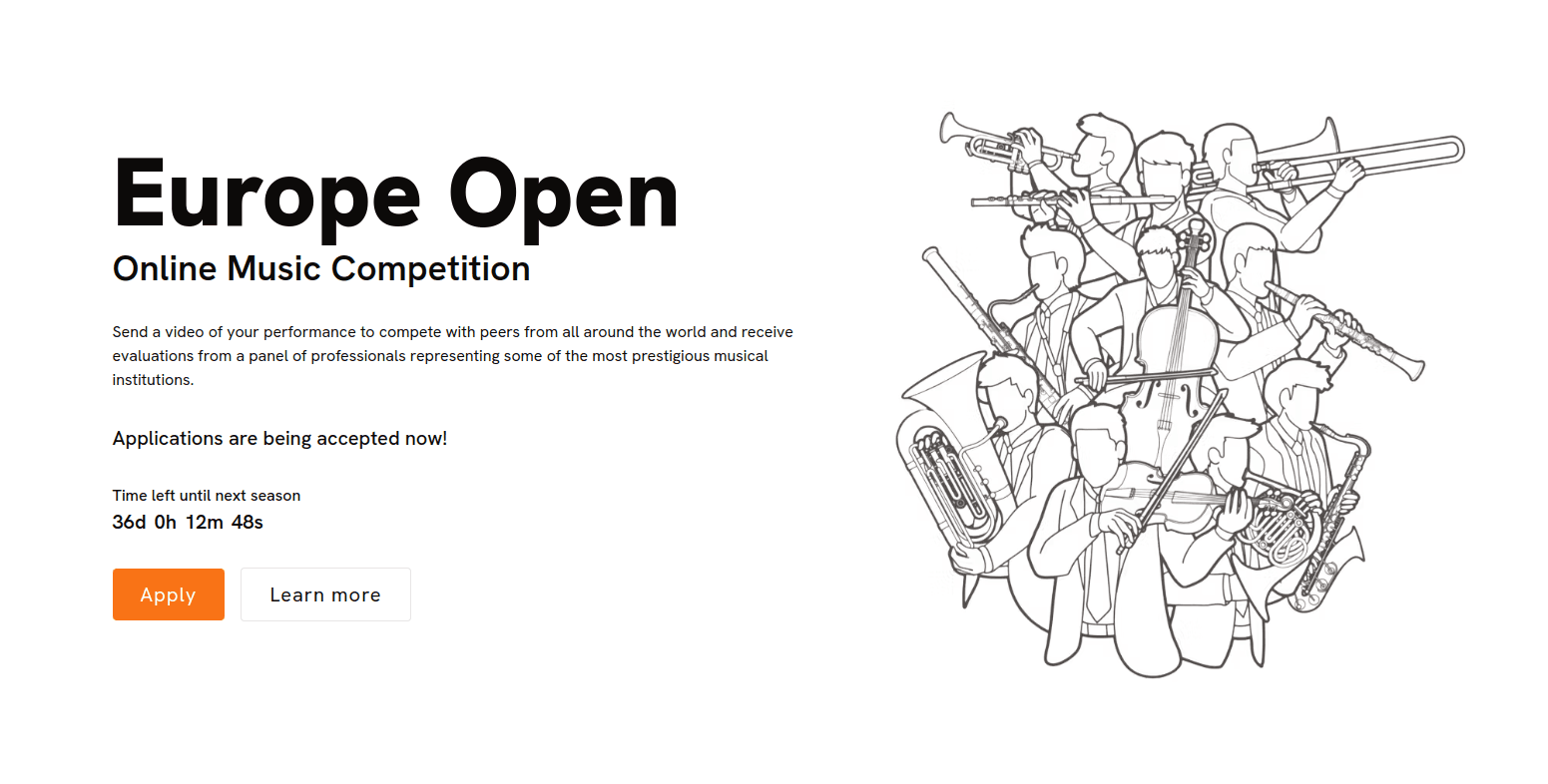 Europe Open is an online music competition platform for classical musicians — a web app where music students from around the world submit their performance videos for evaluation by a professional jury.